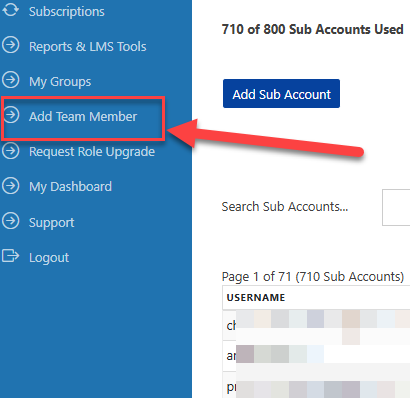 The Add Team Member tab on the account menu.