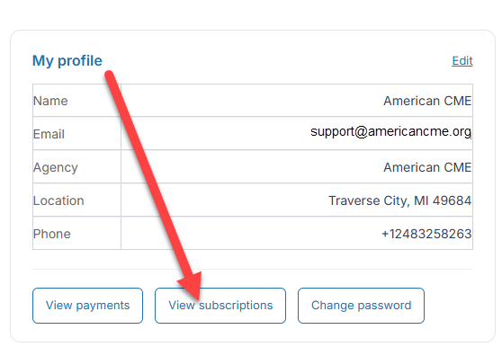 My Profile box with 'View subscriptions' highlighted.