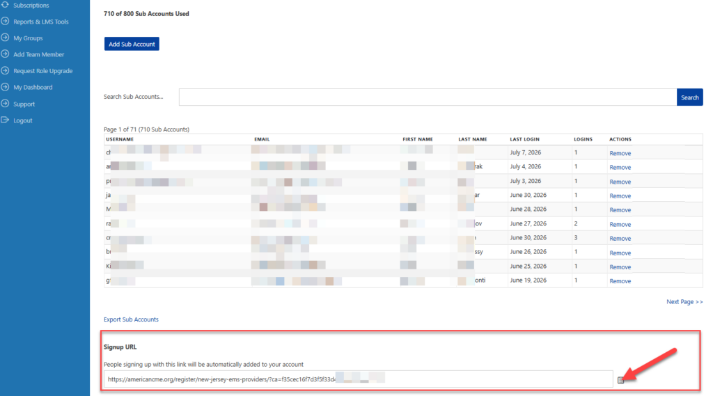 Sub Accounts page showing the Signup URL copy button.