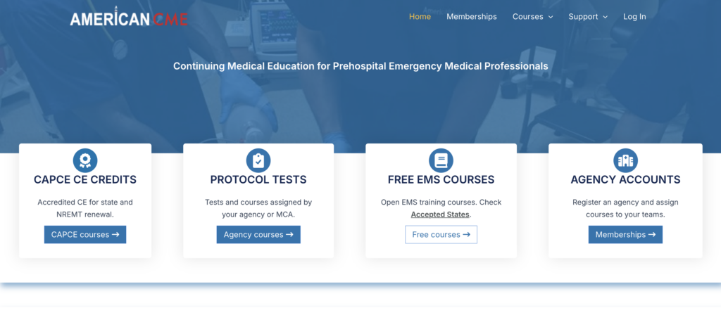 Image of the American CME homepage with buttons for CAPCE courses, Agency courses, and Free courses, and Memberships.