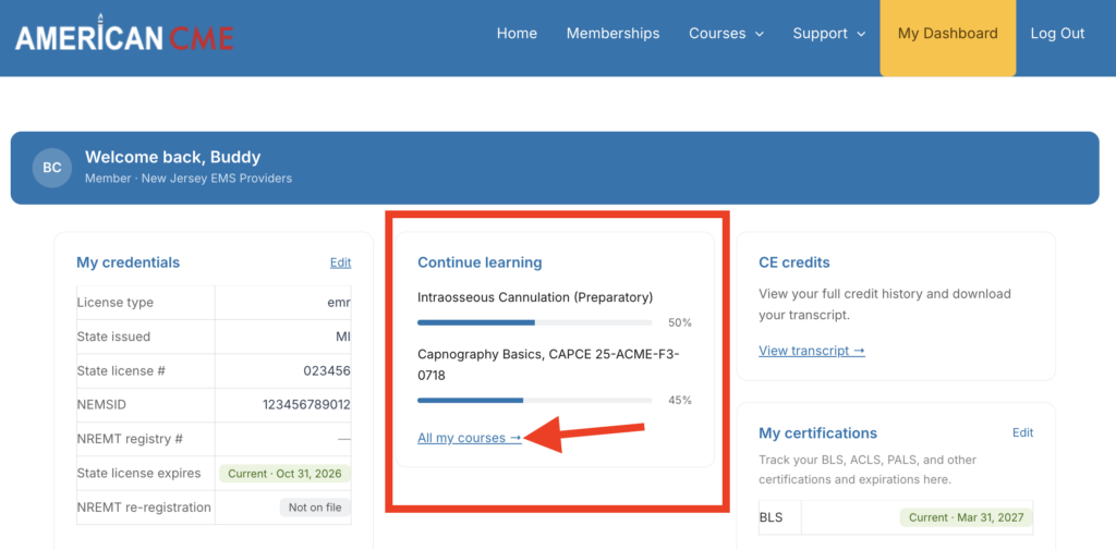 All my courses link inside the Continue learning box on My Dashboard.