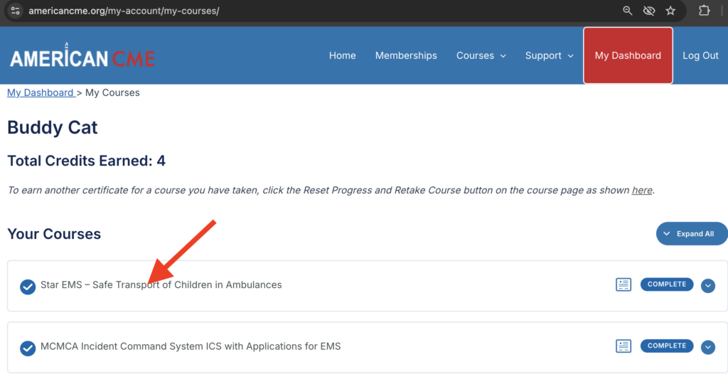 My Courses page with an arrow pointing to the title of a course.