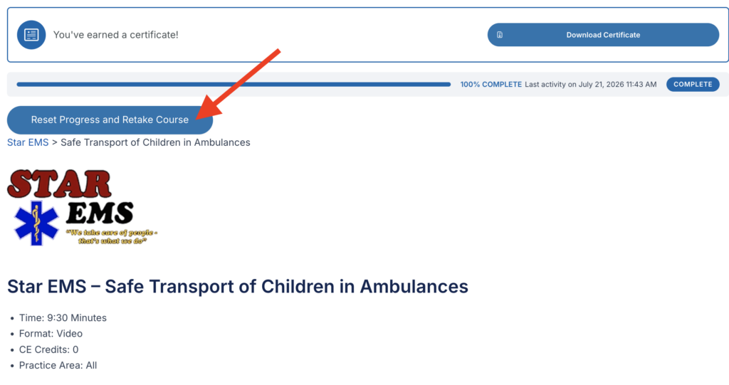 Course homepage showing the Reset Progress and Retake Course button.