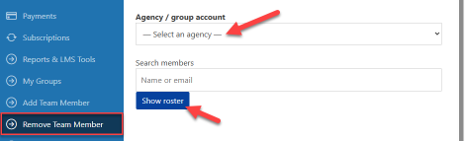 Remove Team Member page with the agency selector, member search box, and Show roster button.