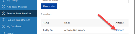 Roster listing a member with their email address and a Remove link.