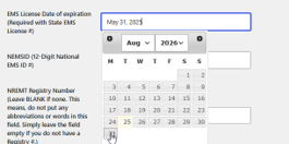 Member profile page with the EMS license date picker open.