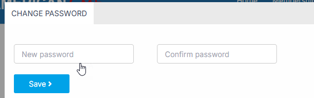 Change password form with New password and Confirm password fields and a Save button.