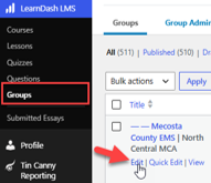 LearnDash LMS Groups list with the Edit link highlighted under a group name.