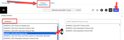 Group editor Courses tab with the course search, Assigned Group Courses box, and Save button.