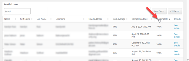 Course report details listing enrollees with sortable column headings.