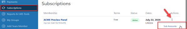Subscriptions page with the Sub Accounts link revealed under the three-dot Actions menu.