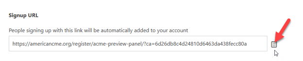 Sub Accounts page showing the signup URL and the icon that copies it.