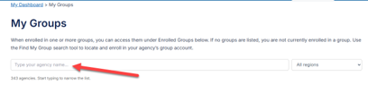 My Groups page with the agency name search field and the All regions filter.