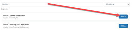My Groups search results listing two fire departments, each with an Enroll button.